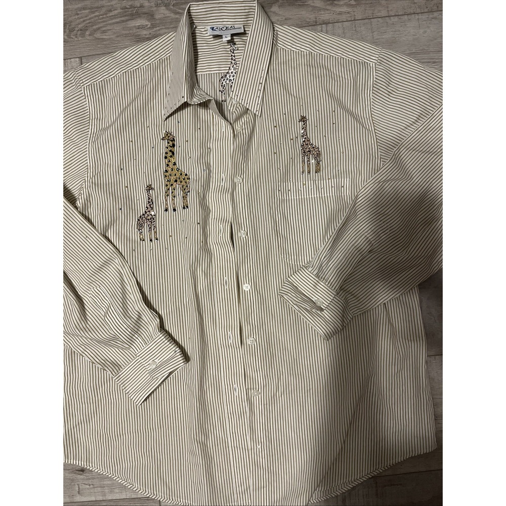 Las Olas Giraffe Button Tunic Shirt Embroidered Brown Stripe‎ Large